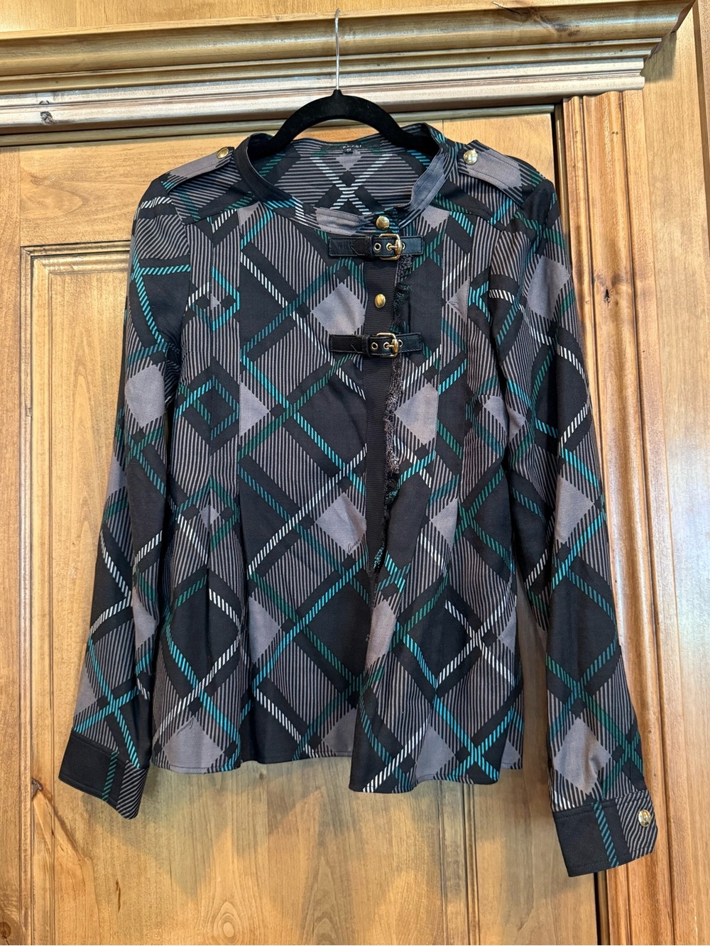 Gucci Italy Plaid Buckle Jacket IT 42 Gold Hardware Distressed Trim